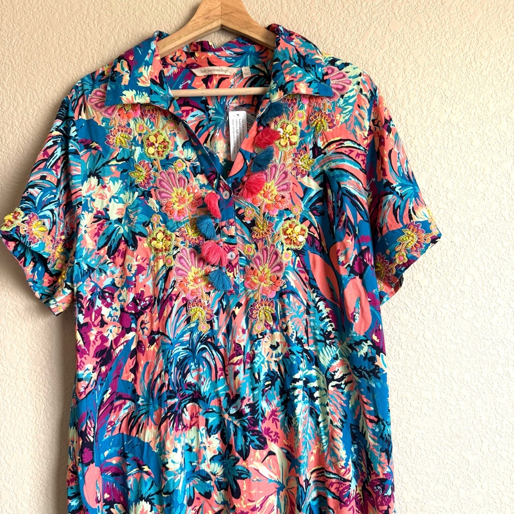 Soft Surroundings Florence Boho Tropical Shirt Dress Embroidered Beaded Tassel L - Picture 4 of 12